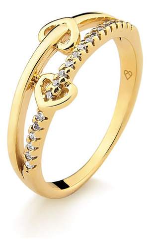Anel Com Corações Em Ouro 18k Com 10 Pontos De Diamante Aro