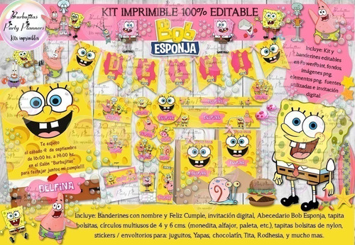Kit Imprimible Candy Bar Bob Esponja Rosa 100% Editable