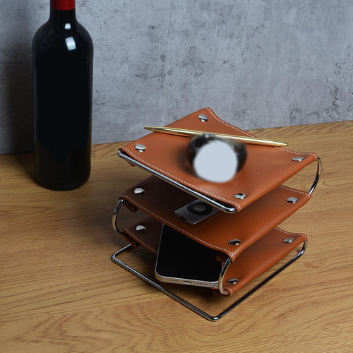 Rack De Armazenamento De Mesa De Couro De 3 Camadas Suporte