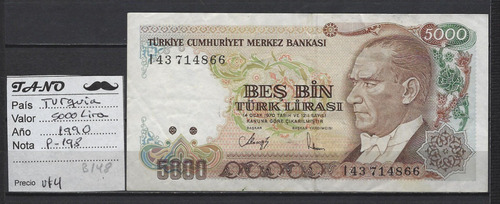 B148 Billete Turquía 5000 Liras Año 1990 P-198