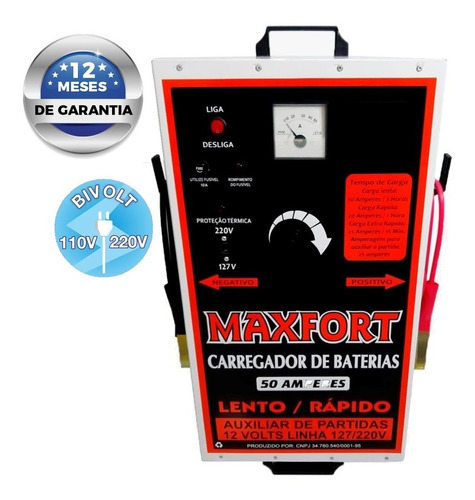 Carregador De Bateria 50a 12v Com Auxiliar Partida Maxfort