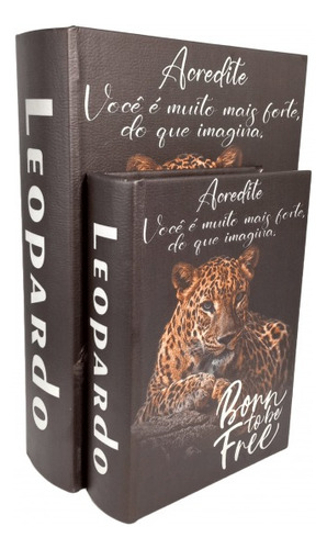 Conjunto Com 2 Caixas Livro Decorativo Em Madeira Leopardo