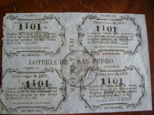 Antiguo Boleto De Lotería De San Pedro Puebla De 1878