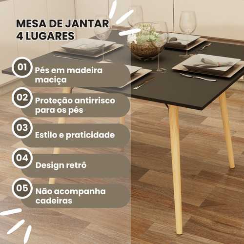 Mesa De Jantar Quadrada Pés Em Madeira Sala Cozinha Para 4 Cugares Cor Preto
