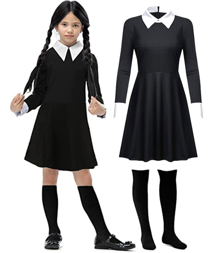 Disfraz De Halloween Para Niñas De The Addams, Vestido Y Cal