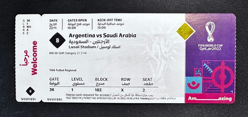 Imagen 1 de 5 de Entrada Fifa World Cup 2022 Ticket - Argentina Vs Arabia S