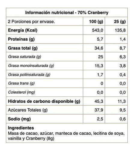 Chocolate Negro 70% Cacao Cranberries