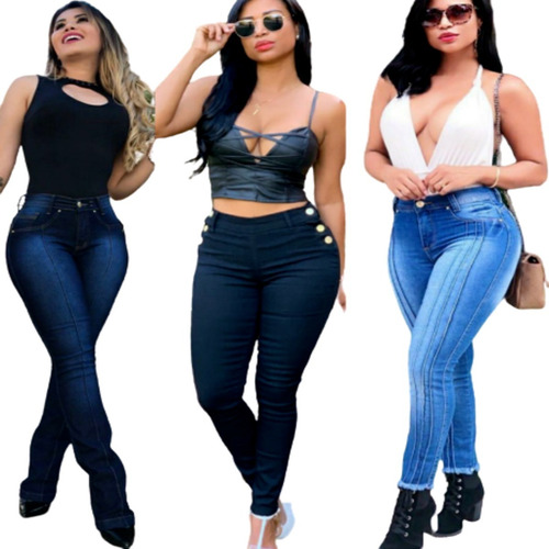 Imagem 1 de 10 de Kit 10 Calças Jeans Feminina Cintura Alta Levanta Bumbum