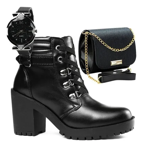 Bota Feminina Coturno Tratorada Bolsa Rel gio Feminino Frete