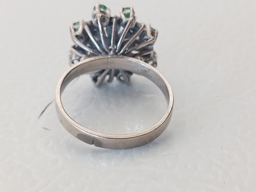 Anillo Plata Paladio 9 Esmeraldas Y Diamantitos Naturales Plateado (Usado)