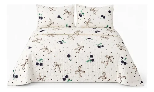 Colcha Cobre Leito Queen Size King Piquet Cereja Com Laços Cereja E Laços Estampado