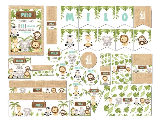 Kit Imprimible Animalitos Baby Safari Selva Textos Editables