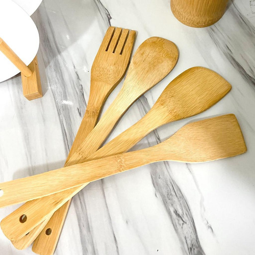 Kit Cozinha 5 Peças Bambu Utensílios Garfo Colher Espátula