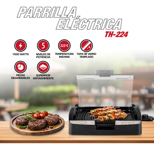 Parrilla Electrica Tapa De Vidrio 1800w 225°c Th-224 Thomas Negro