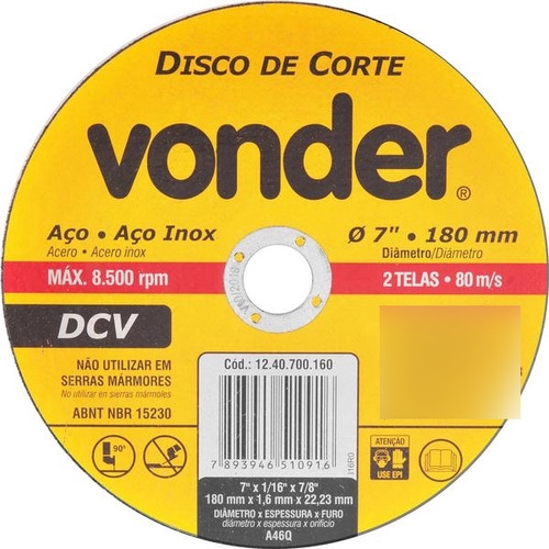 Disco De Corte 180,0x1,6x22,23 P/ Aço Carbono E Inox Vonder