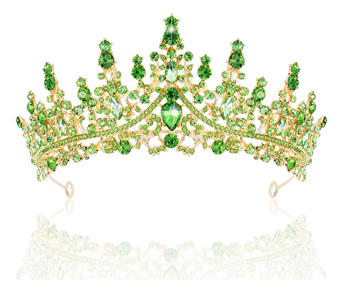 Corona Tiara De Novia Quinceañera Cristales Verde Claro Gold