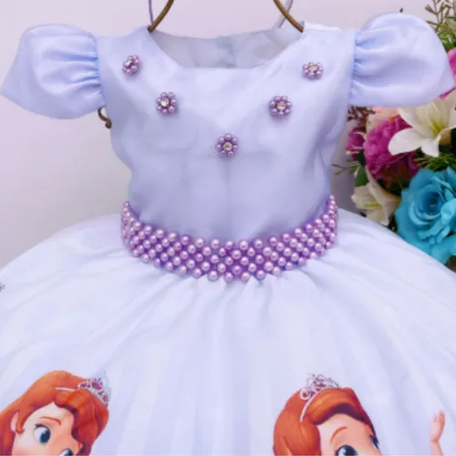 Vestido Infantil Princesa Sofia Lilás Aplique Pérolas Luxo