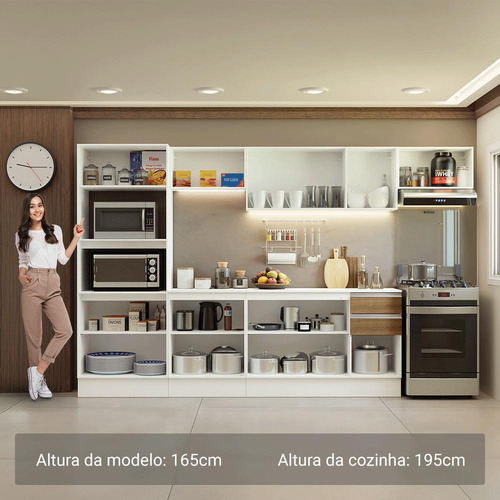 Armário De Cozinha Completa 100% Mdf 310 Cm Smart 02 Brc Cor Branco/Rustic/Crema