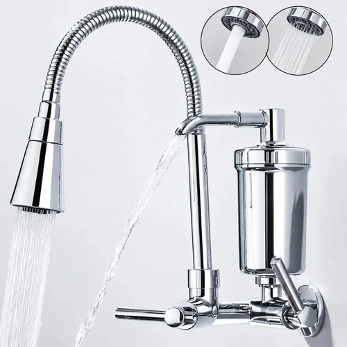 Torneira Gourmet Com Filtro Purificador de Água Flexível Pia Cozinha Bica De Parede 2 Jatos Cor Prateada Linha Premium - Marca Camperluz
