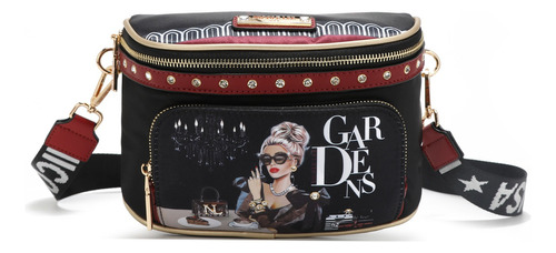 Cartera Bandolera Dama Nicole Lee Lady In Black Prt16797 Acabado De Los Herrajes Metal Dorados Correa De Hombro Negro Diseño De La Tela Estampado