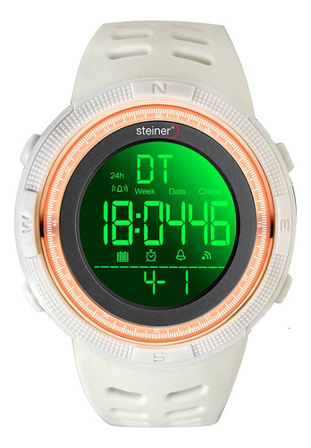 Reloj Digital Sport Para Caballero 43mm Steiner 3atm Con Luz Correa Blanco Bisel Naranja claro Fondo Negro