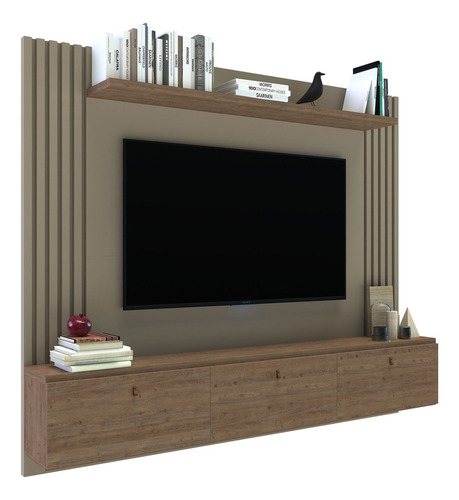 Panel Rack Tv 3 Puertas Delos Dro02 Varillado Tv Hasta 65'' Color Roble Davos Marrón Trufa/gris Arcilla