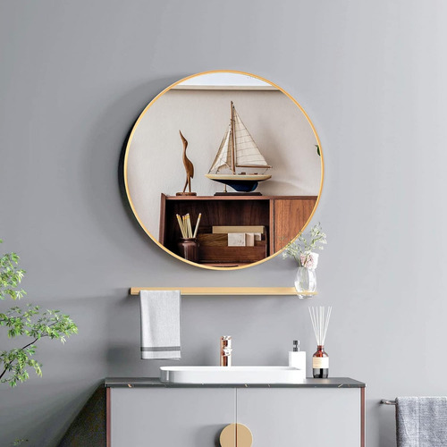 Conguiliao Espejo Baño Redondo Moderno 80cm, Espejo De Pared Marco Dorado