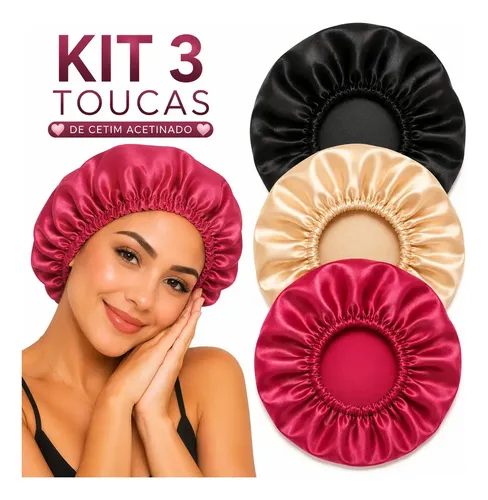 Kit 3 Toucas de Cetim Seda p/ Cabelo Cacheado e Liso Anti Frizz Dormir