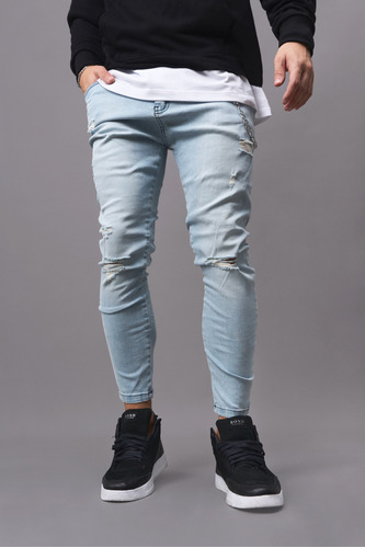 Jeans Hombre Con Rotura Claro Chupin Elastizado Yanis Bond