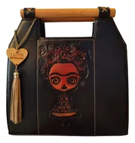 Comprar Bolsa De Piel Vacuna Frida Kahlo Con Asas De Palo Negro Frida Kahlo Níquel Negro