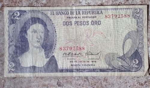 Billete 2 Pesos Oro. Colombia Año 1972