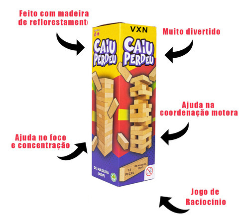 Jogo Caiu Perdeu Torre Madeira Equilíbrio Brinquedo Menino Menina