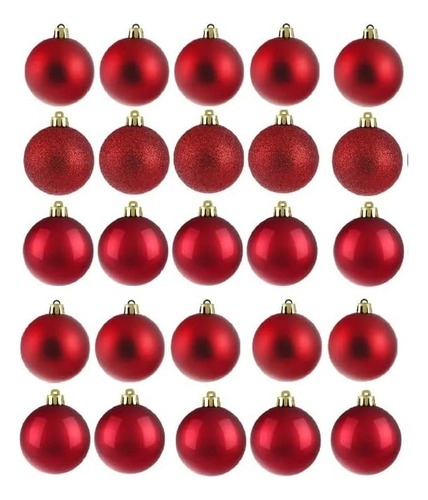 Kit 50 Bolas De Natal 6cm Fosca Brilhante Glitter Cor Vermelho