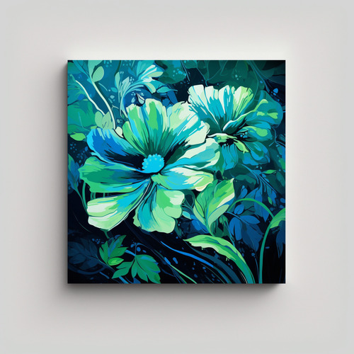 50x50cm Cuadro Abstracto Ambiente En Verde Y Azul Flores