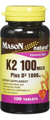 Mason Natural Vitamin K2 100 Mcg Más D3 1000 Tabletas Iu 100