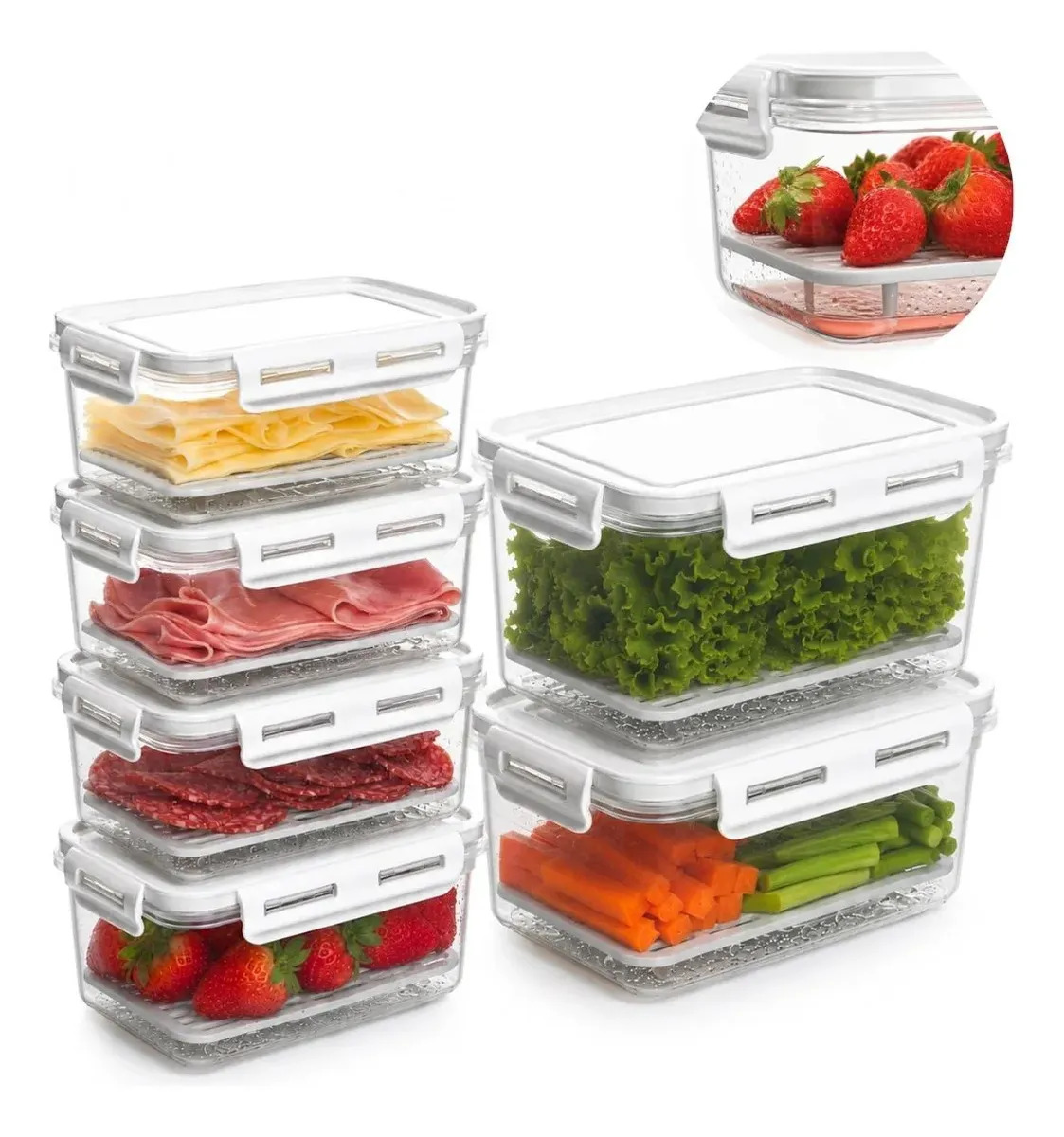 Kit 6 Pote Com Escorredor Porta Frios Queijo Presunto Frutas Tampa Com Trava Marmita Reutilizável Bpa Free