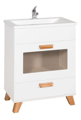 Vanitory Blanco 60 Cm Puerta Vidriada Con Patas De Madera