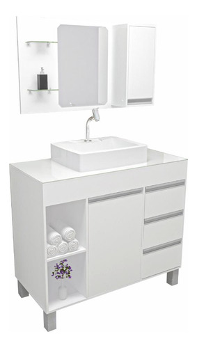 Gabinete Banheiro Fit Supreme 97 Branco C/cuba + Espelheira
