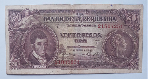 Billete De 20 Pesos Oro De Colombia 1 De Enero De 1953