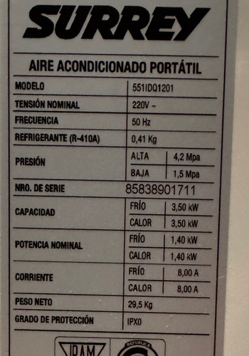 Aire Acondicionado Surrey Portátil F/c 551idq1201 (impec) Blanco (Usado)