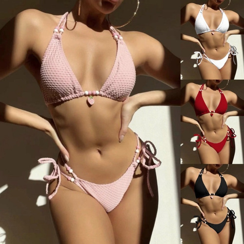 Conjunto De Tanga Sexy De Color Liso, Traje De Baño Halter