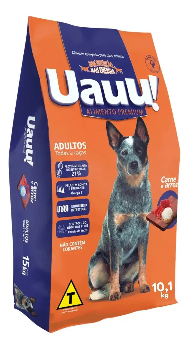 Ração Premium Dog Todas As Raças Uau Carne Arroz 10,1kg