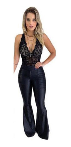 Calça Feminina Super Boca Flare Cirre Couro Fake Modeladora