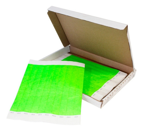 Pulseras Tyvek Verde Neón Caja Con 500pz. Diámetro 18 Cm Largo 25 Cm