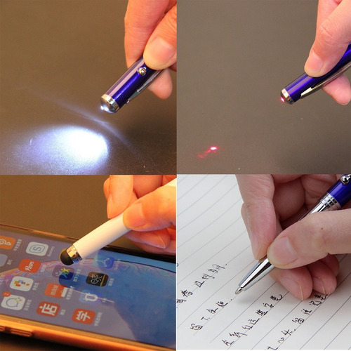 Caneta Laser Pointer Pen Touch Stylus LED Light 4 em 1 totalmente preta