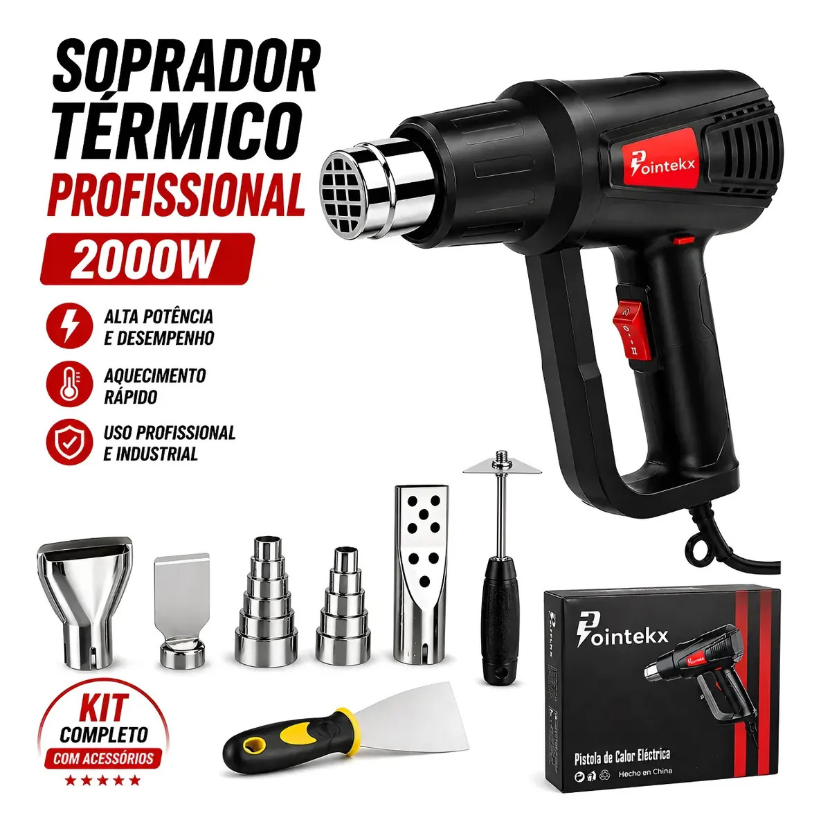 Soprador Térmico 2000W Profissional Pistola Ar Quente 2 Níveis 60 a 600°C Controle de Temperatura Com Bicos e Acessórios