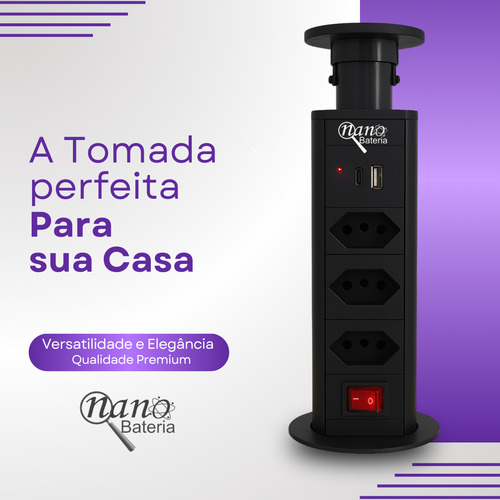 Torre 3 Tomadas Retrátil Multifuncional Multiplug Carregador Usb Tipo C Totem Mesa Bancada Cor Preto Nano Bateria