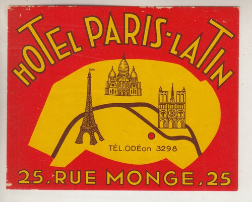 Luggage Antiguo Sticker Hotel Paris Latin Rue Monge Vintage
