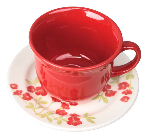 Set De 4 Tazas Y Platos De Cerámica 200 Ml Decorada Florata Color Rojo Florata Vermelha