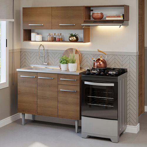 Armário De Cozinha Compacta 165cm Com Pia Emilly Madesa 09 R Cor Rustic